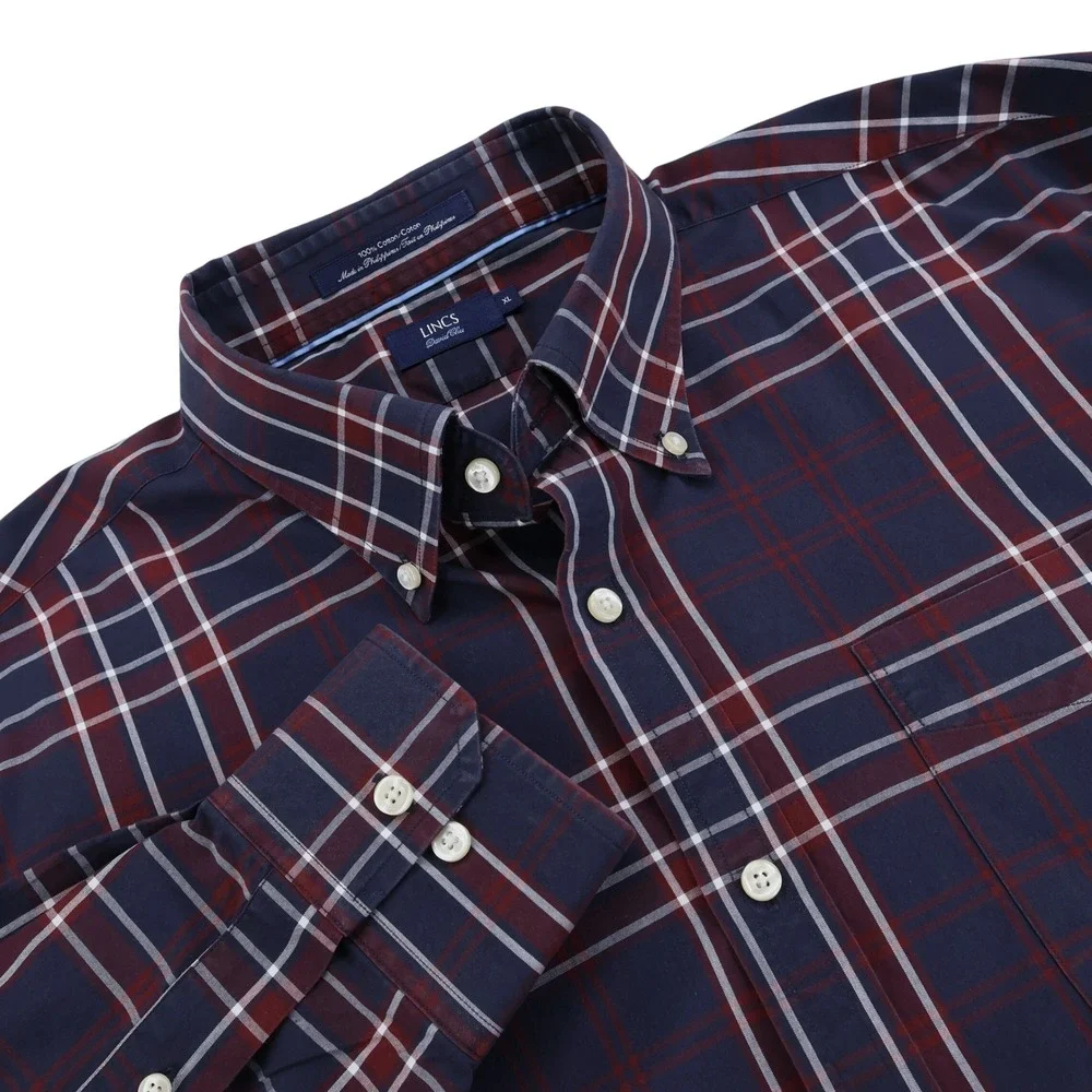 Lincs‎ David Chu Mens XL Navy Blue Burgundy Plaid Cotton Button Down Shirt LS